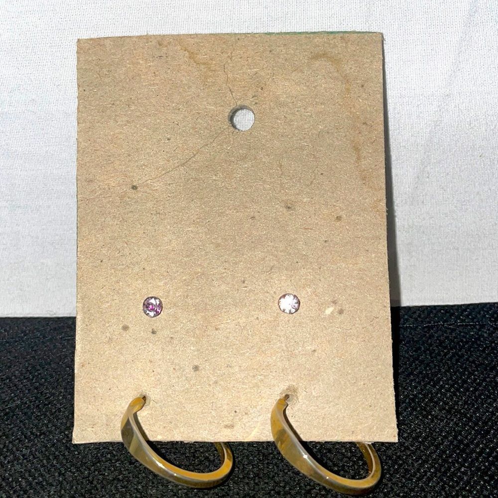Two sets of earrings, one inch hoops and stud earrings with white gems